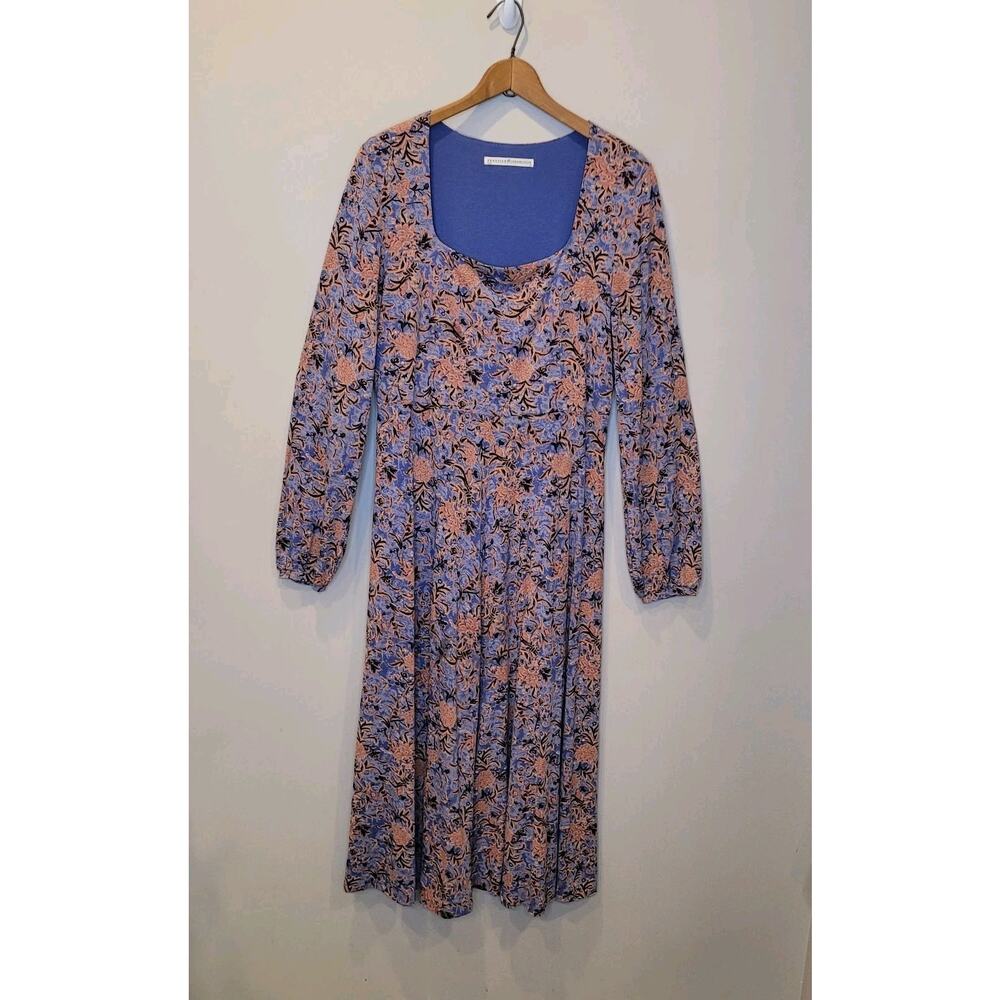 Peruvian Connection Autumn Sky Floral Long Sleeve Midi Dress Medium Boho Chic